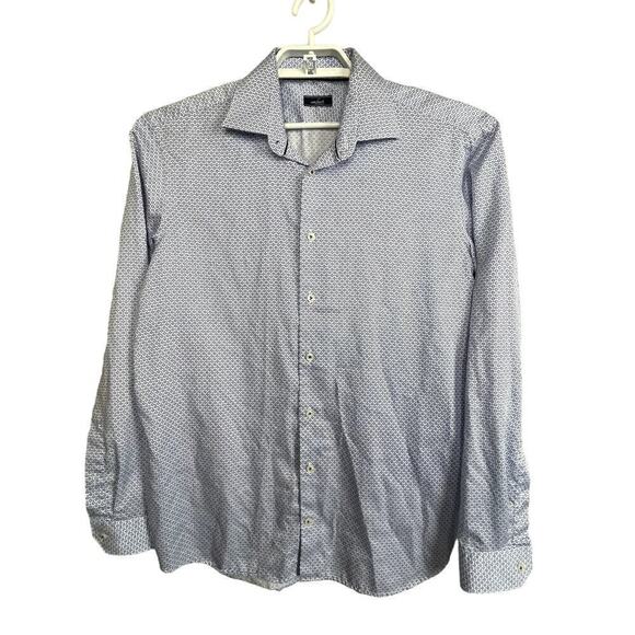 Van Laack‎ Men's Shirt Size 16 Button Up Blue White Geometric - Picture 1 of 9